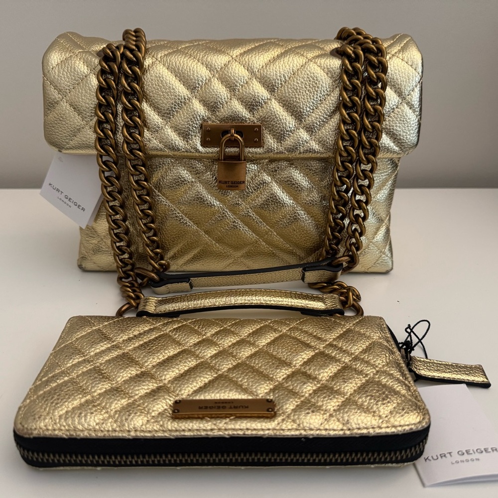 Kurt Geiger Metallic Gold Quilted Satchel and Matching  Wallet. SET